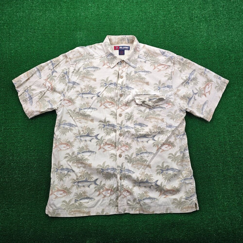 Reel Legends Shirt Mens XL Beige Short Sleeve Button Up Fish AOP Fishing Vented